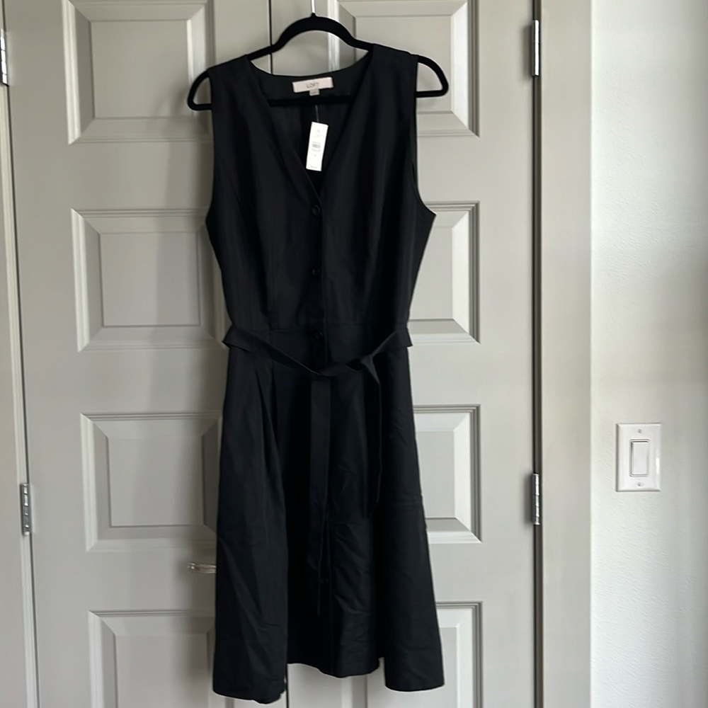 Loft A-Line button down black dress with waist tie (NWT)
